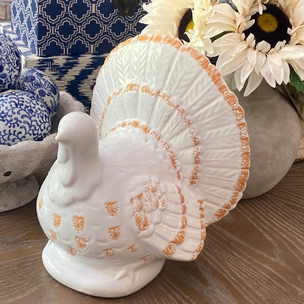 NEW! Cottage Farmhouse Fall Harvest Thanksgiving Creamy White Ceramic Tom Turkey